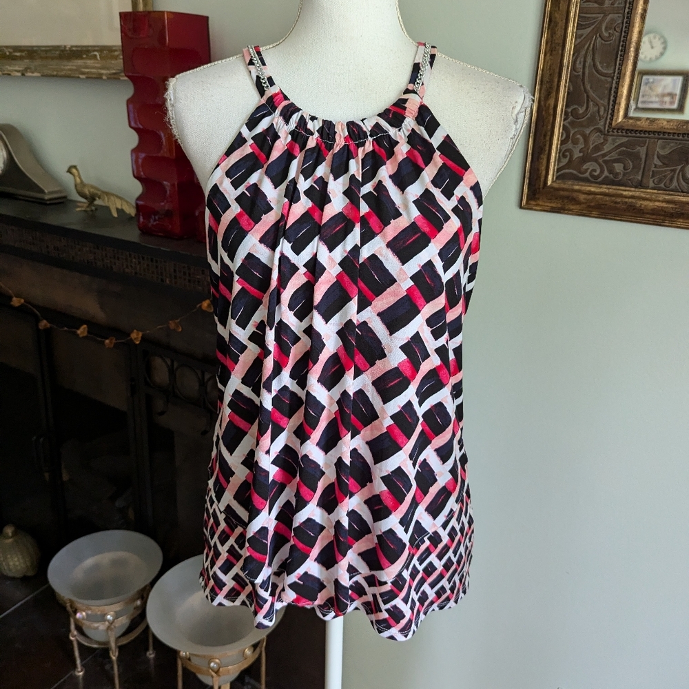 White House Black Market Womens Medium Pink Black Sleeveless Top Chain Detail 83